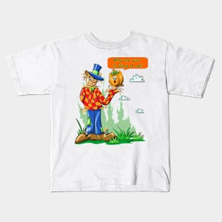 Halloween Scarecrow holding pumpkin Fall Autumn Halloween and Thanksgiving Gift Kids T-Shirt